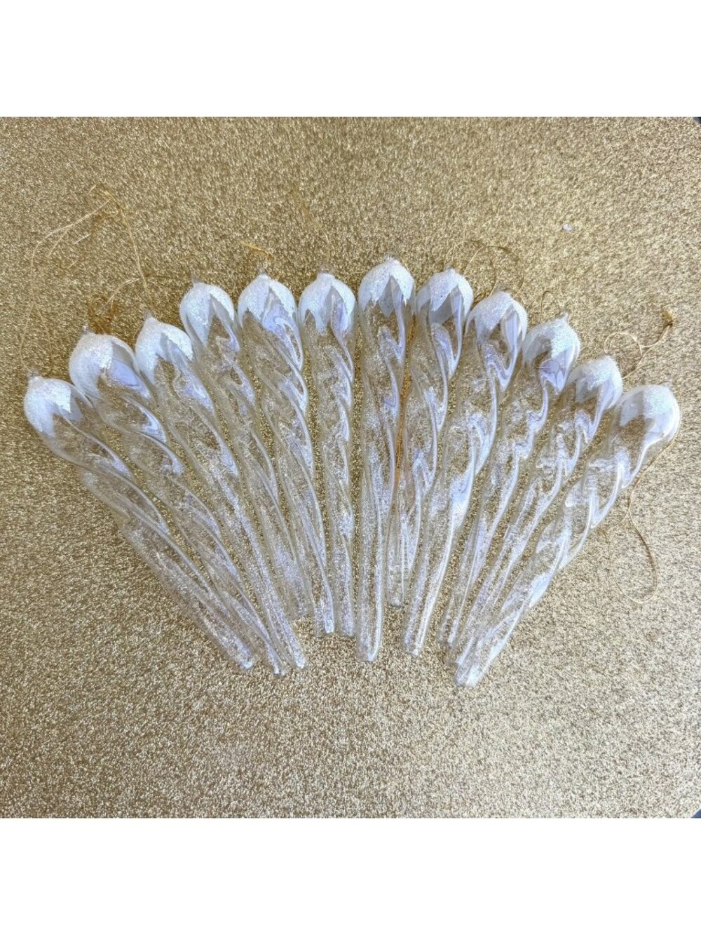 Blown Glass Icicle Christmas Ornaments Clear Glitter Snow Twist Set Of 12
